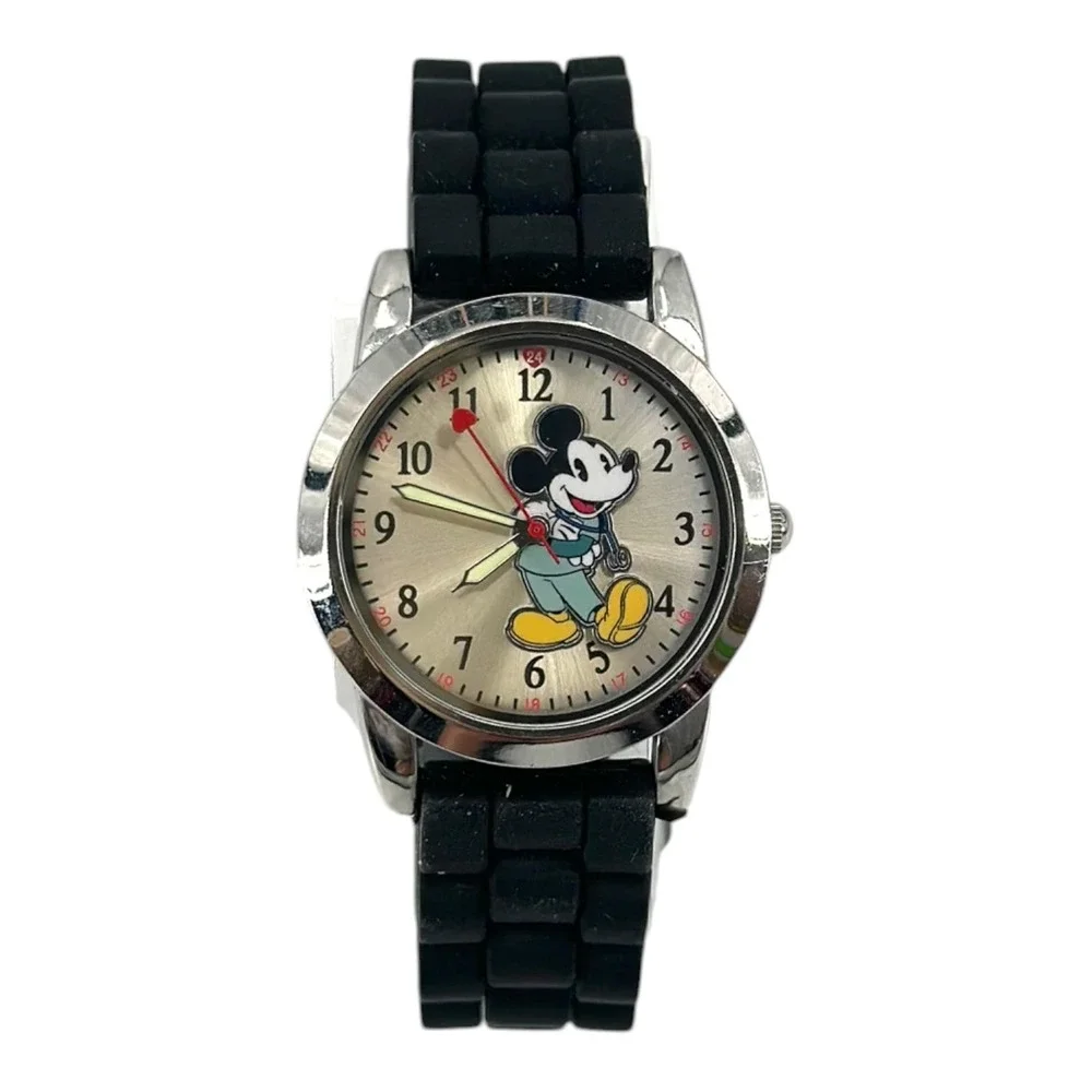 Disney Mickey Mouse Watch Accutime Heart Second Hand Black Band MK1111 Working